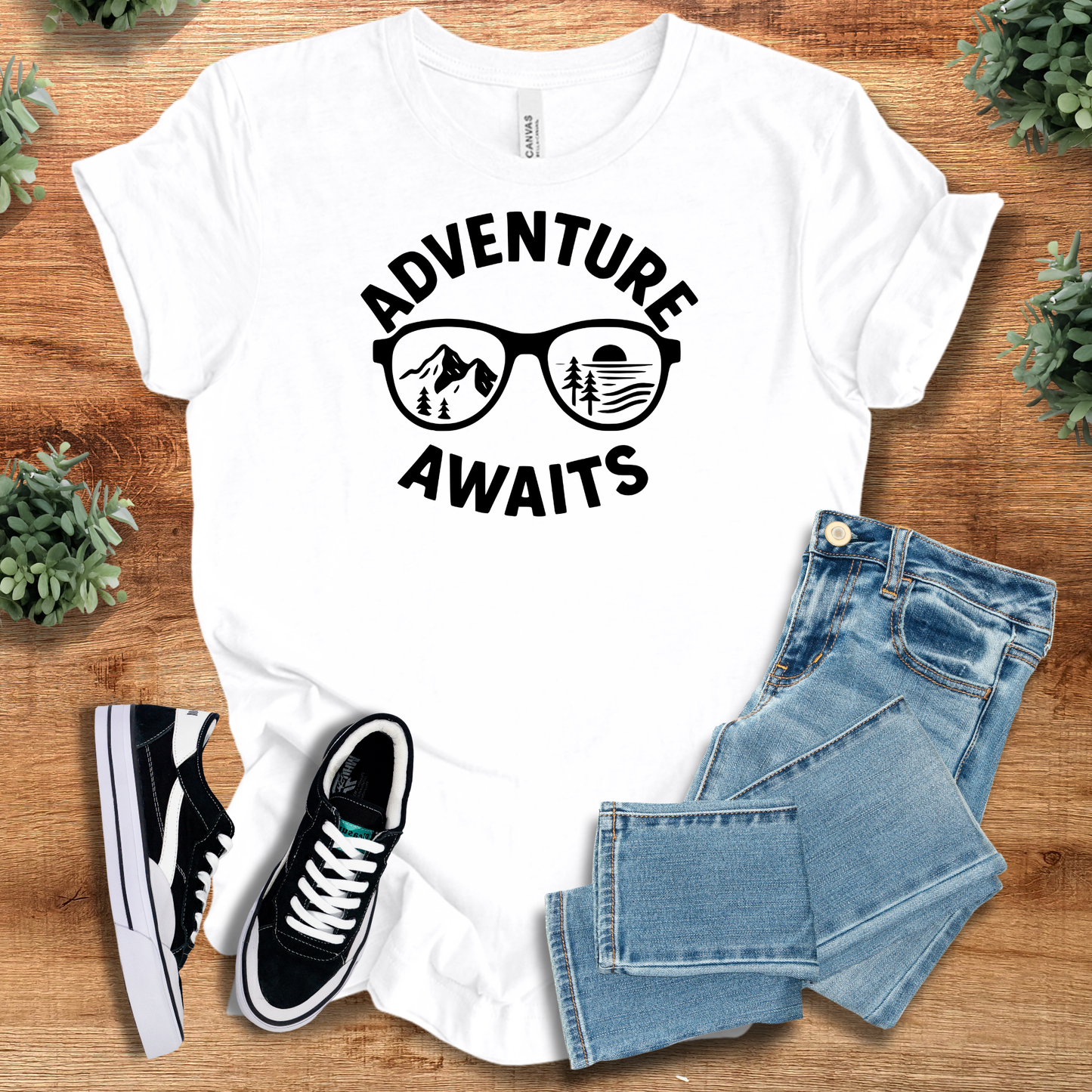 Army t-shirt with '' text, flat lay styled on a wooden surface.